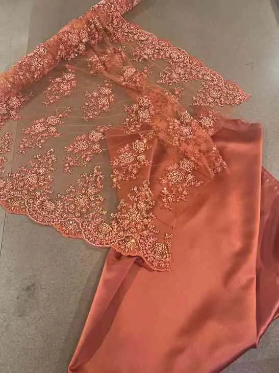 Silk satin and beaded lace