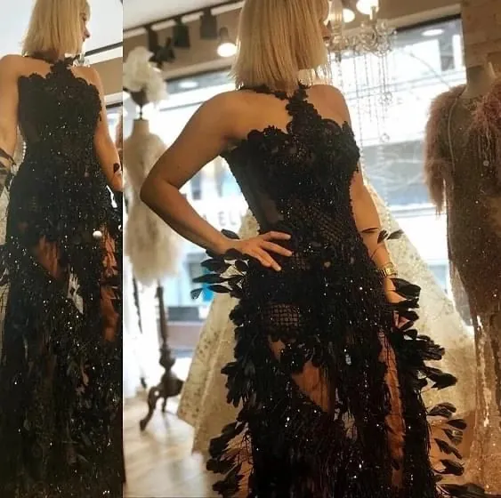 Black Feather Evening Gown by Karmen Aksu